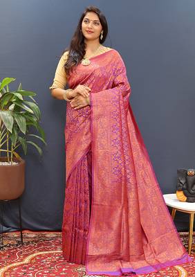 magenta & gold woven banarasi silk blend saree with rich zari border 2