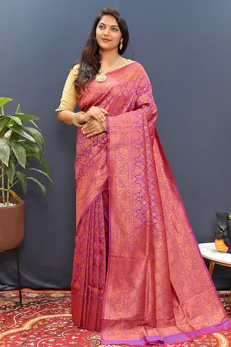 magenta & gold woven banarasi silk blend saree with rich zari border