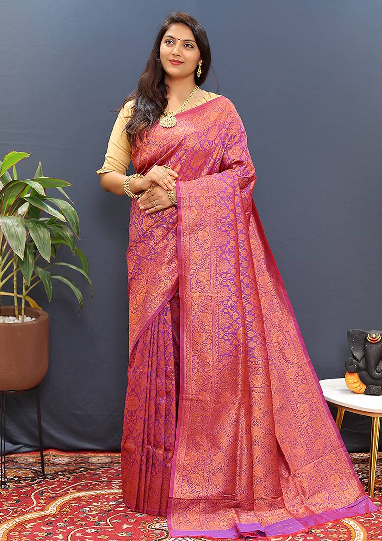 magenta & gold woven banarasi silk blend saree with rich zari border