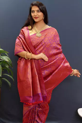 magenta & gold woven banarasi silk blend saree with rich zari border