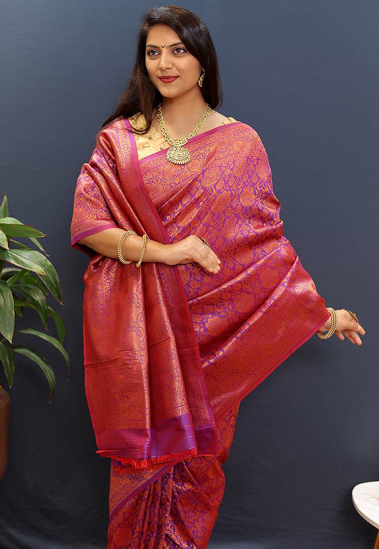 magenta & gold woven banarasi silk blend saree with rich zari border