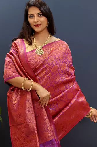 magenta & gold woven banarasi silk blend saree with rich zari border