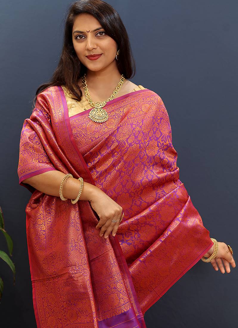 magenta & gold woven banarasi silk blend saree with rich zari border