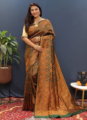 dark green & gold woven banarasi silk blend saree with rich zari border 1