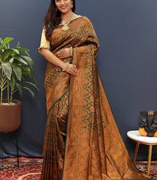 dark green & gold woven banarasi silk blend saree with rich zari border