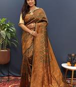 dark green & gold woven banarasi silk blend saree with rich zari border