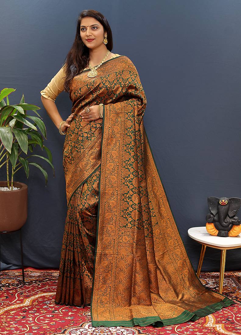 dark green & gold woven banarasi silk blend saree with rich zari border