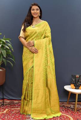 lemon green & gold woven banarasi silk blend saree with rich zari border 1