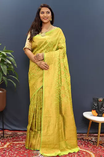 lemon green & gold woven banarasi silk blend saree with rich zari border
