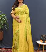 lemon green & gold woven banarasi silk blend saree with rich zari border