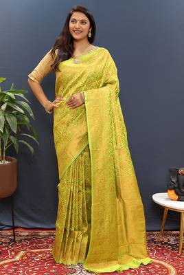 lemon green & gold woven banarasi silk blend saree with rich zari border 2