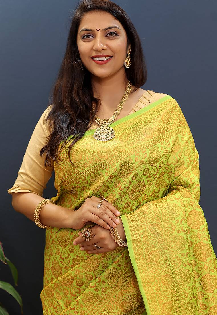 lemon green & gold woven banarasi silk blend saree with rich zari border