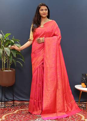 rani pink & gold woven banarasi silk blend saree with rich zari border 1