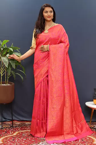 rani pink & gold woven banarasi silk blend saree with rich zari border