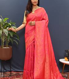 rani pink & gold woven banarasi silk blend saree with rich zari border
