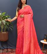 rani pink & gold woven banarasi silk blend saree with rich zari border
