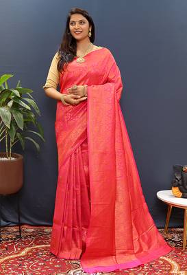 rani pink & gold woven banarasi silk blend saree with rich zari border 2