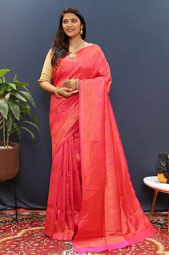 rani pink & gold woven banarasi silk blend saree with rich zari border