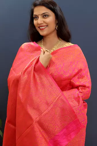 rani pink & gold woven banarasi silk blend saree with rich zari border