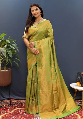green & gold woven banarasi silk blend saree with rich zari border 1