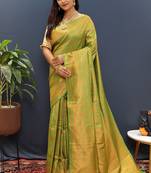 green & gold woven banarasi silk blend saree with rich zari border