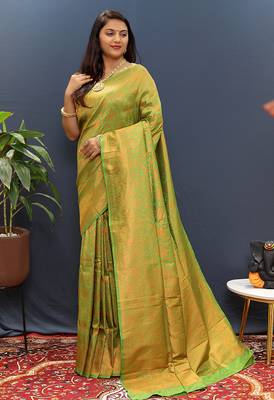 green & gold woven banarasi silk blend saree with rich zari border 2