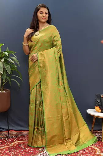 green & gold woven banarasi silk blend saree with rich zari border