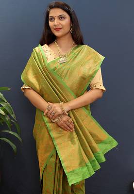 green & gold woven banarasi silk blend saree with rich zari border 3