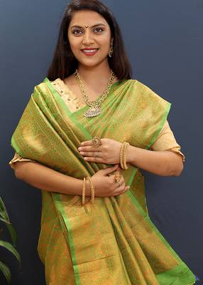 green & gold woven banarasi silk blend saree with rich zari border 4