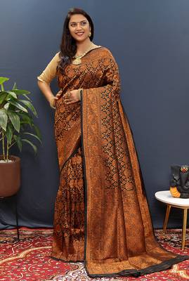 black & gold woven banarasi silk blend saree with rich zari border 1