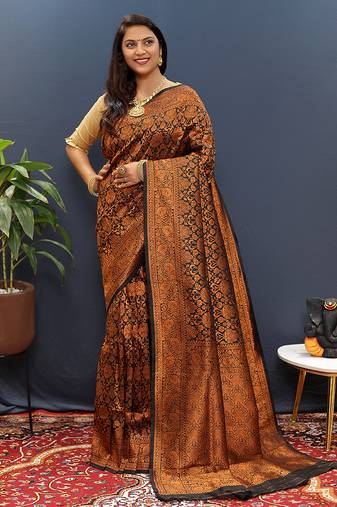black & gold woven banarasi silk blend saree with rich zari border
