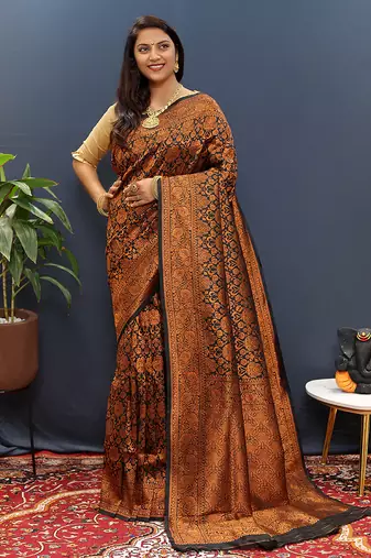 black & gold woven banarasi silk blend saree with rich zari border