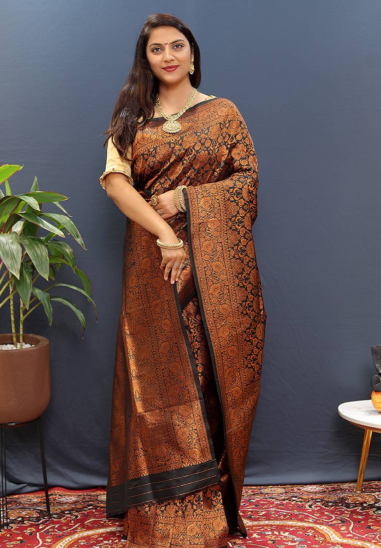 black & gold woven banarasi silk blend saree with rich zari border