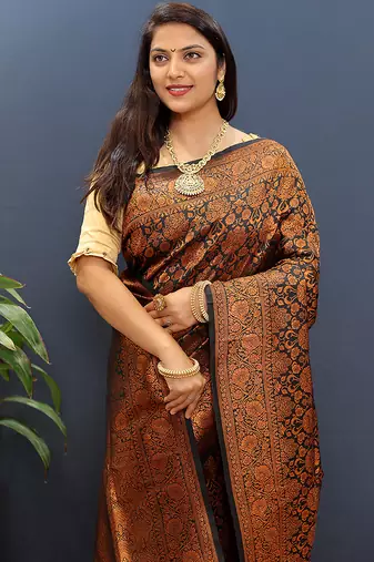 black & gold woven banarasi silk blend saree with rich zari border