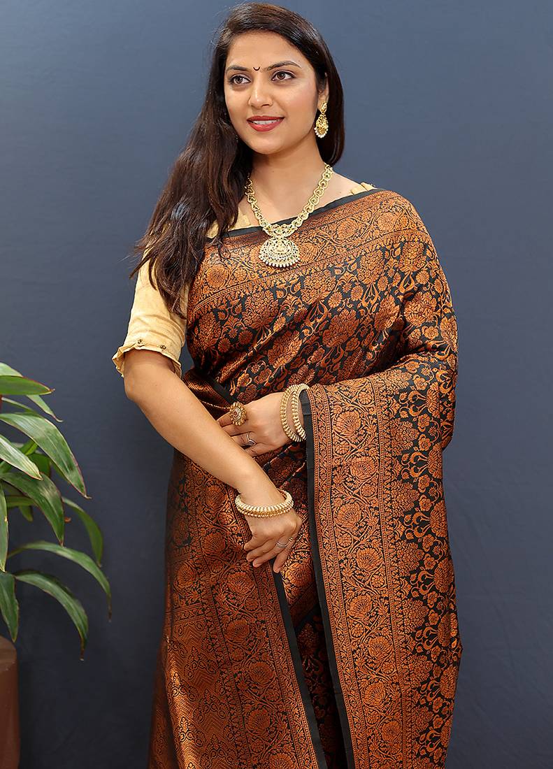 black & gold woven banarasi silk blend saree with rich zari border