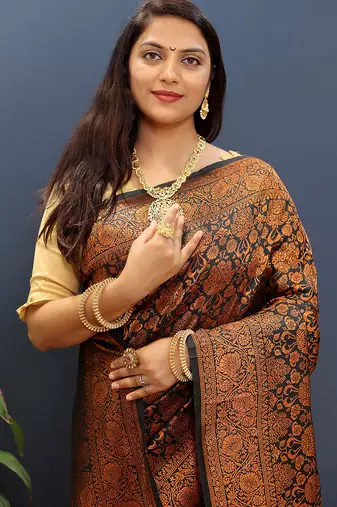 black & gold woven banarasi silk blend saree with rich zari border