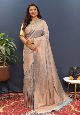 grey & gold woven banarasi silk blend saree with rich zari border 1