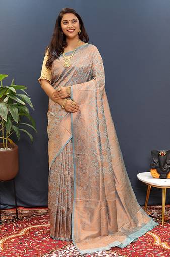 grey & gold woven banarasi silk blend saree with rich zari border