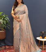 grey & gold woven banarasi silk blend saree with rich zari border