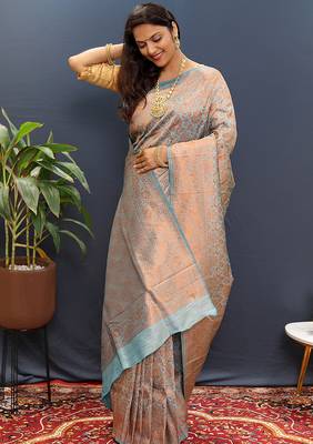 grey & gold woven banarasi silk blend saree with rich zari border 2