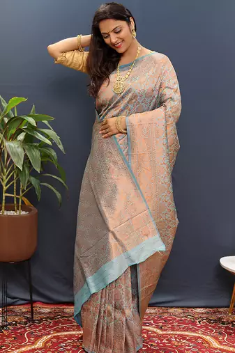 grey & gold woven banarasi silk blend saree with rich zari border