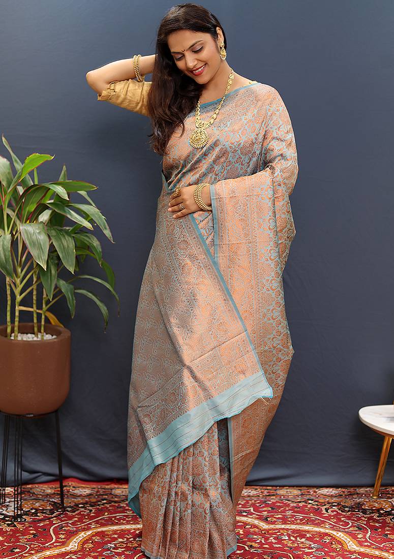 grey & gold woven banarasi silk blend saree with rich zari border