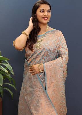 grey & gold woven banarasi silk blend saree with rich zari border 3