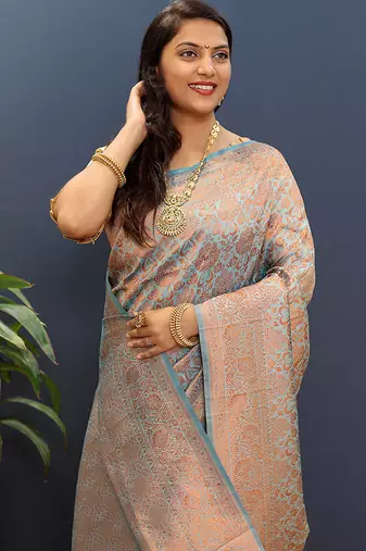 grey & gold woven banarasi silk blend saree with rich zari border