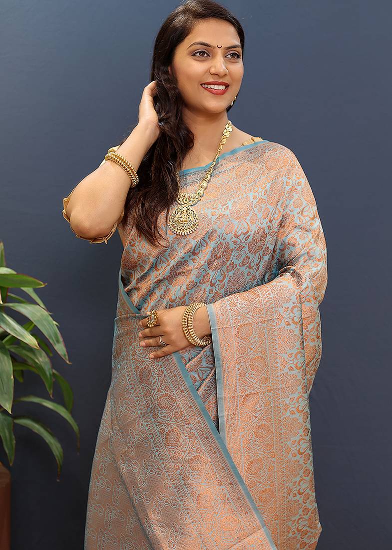 grey & gold woven banarasi silk blend saree with rich zari border
