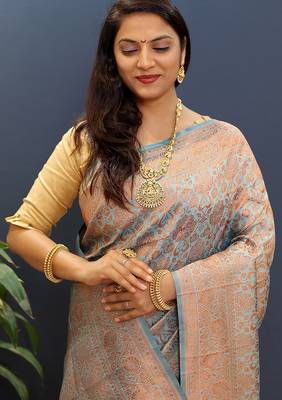 grey & gold woven banarasi silk blend saree with rich zari border 4
