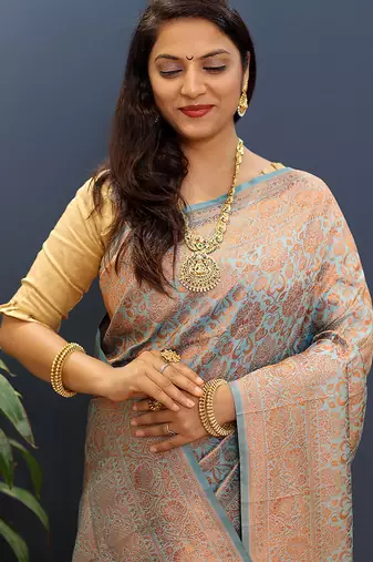grey & gold woven banarasi silk blend saree with rich zari border