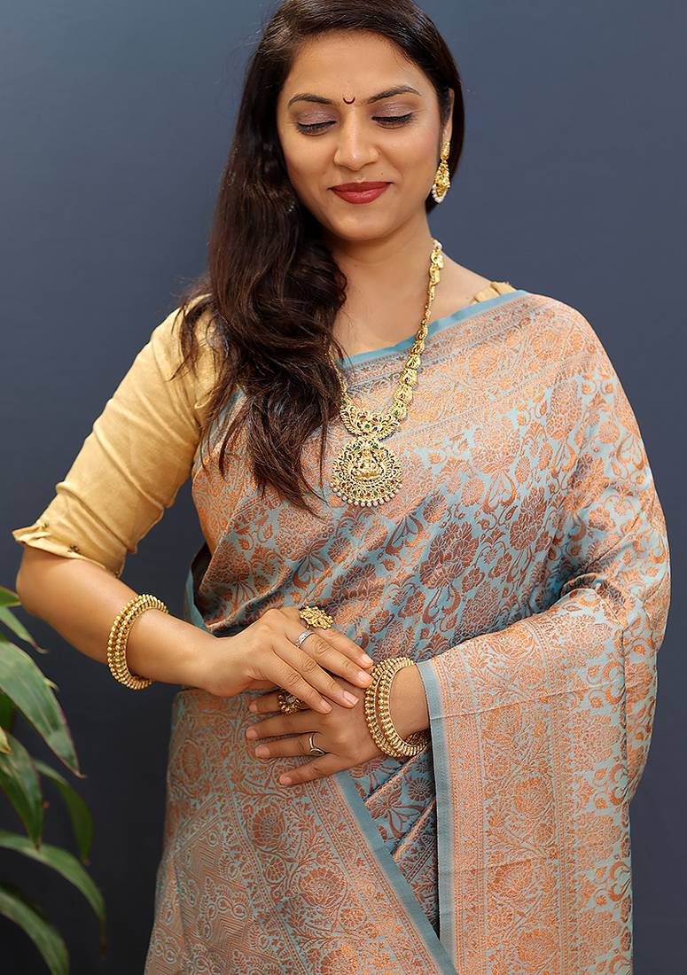 grey & gold woven banarasi silk blend saree with rich zari border