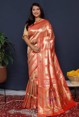 Rose gold silk blend saree with red floral zari weaving & rich brocade pallu 1