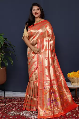 Rose gold silk blend saree with red floral zari weaving & rich brocade pallu